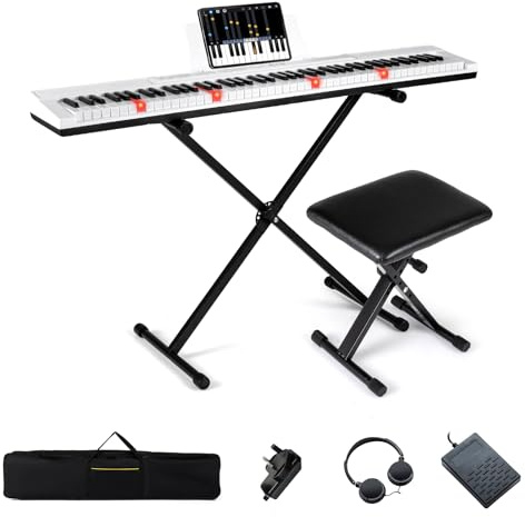 COSTWAY 88 Key Digital Piano Keyboard, Full Size Electric Piano with Adjustable Stand & Stool, Light-up Keys and Buttons, MIDI Function, Sustain Pedal, Headphone, Carrying Bag, for Beginners (White)