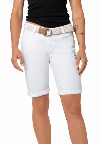 Sublevel Damen Stretch Twill Bermuda Shorts mit Flechtgürtel Dunkelblau Weiß