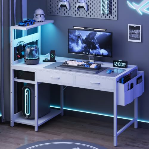 YOUDENOVA Gaming Tisch mit LED und Steckdosen, 100 cm Klein Schreibtisch mit 2 Schubladen Seitentasche und Ablagefach, Carbonfaser Weiß Computertisch für Schlafzimmer Homeoffice Kinderzimmer