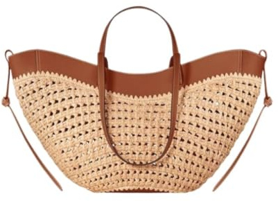 ALMLEU Sac Paille Femme Sac de plage en raphia et cuir Pu ajouré, seau décontracté, sacs à main paille grande capacité