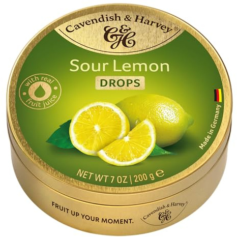 Cavendish & Harvey Sour Lemon Drops 200g Dose | Zitrone | Fruchtige Hartkaramelle Bonbons | Mit echtem natürlichen Fruchtsaft | Vegan, Halal, Koscher | 1 x 200g