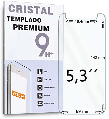 REY Protector de Pantalla Universal 5.3, Medida 14,2 x 6,9cm, Cristal Vidrio Templado Premium ¡¡¡ Medir Antes de Comprar !!!