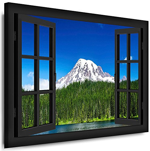 Boikal - Wandbilder Fensterblick 60 x 50 cm Leinwandbild modern Kunstdrucke Wanddesign Wanddekoration Wanddeko Grau Fenster Bild See Nadel-Wald weiße Berge XXL195-16
