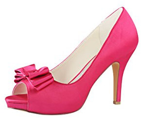 Emily Bridal Rose Wedding Shoes Silk Peep Toe Bow Slip On Bridal Shoes Women High Heels (EU38/UK5, Fuchsia)