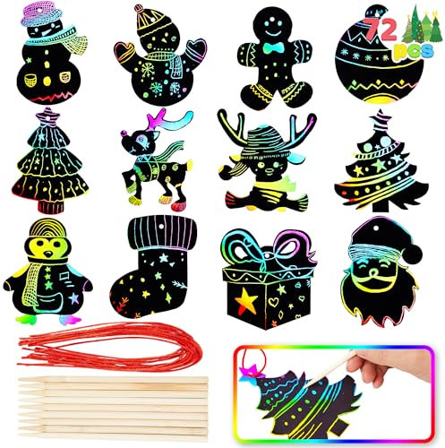 JOYIN 72 adornos de Navidad para rascar, kit de manualidades de papel para rascar de color arcoíris, incluye muñeco de nieve, árbol de Navidad y reno, adorno colgante para rascar para niños