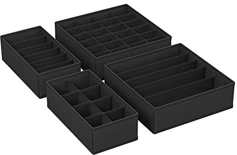 SONGMICS Set of 4 Underwear Drawer Organisers, Drawer Dividers, Foldable, for Bras Undies Socks Ties, Fabric Storage Boxes for Closet Wardrobe Shelves, Ink Black RUS04H