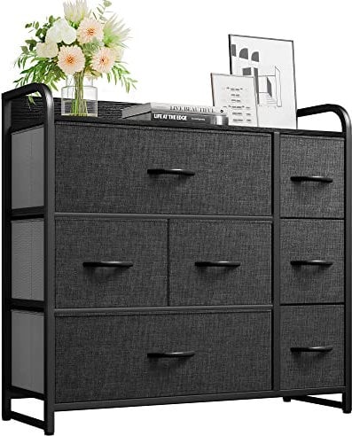 YITAHOME Kommode mit Schubladen, Schrank mit 7 Schubladen aus Stoff, Aufbewahrungskommode Industrial Stil für Schlafzimmer, Wohnzimmer, Kinderzimmer, Flur, Aufbewahrungsschrank (Schwarzgrau)