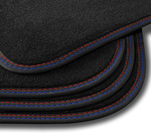 Bär-AfC Auto Fußmatten Premium passend für VW Golf 3 Cabrio 1993-1998, Autoteppiche Velours Schwarz, Nubuk Band Schwarz, Doppelnaht Rot + Blau, Set 4-teilig, VW09772