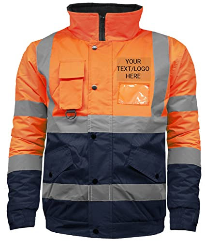 G5 APPAREL Personalised Hi Vis Safety Security Waterproof Padded Workwear Bomber Jacket - Print Your Text/Logo (L, Orange/Navy)