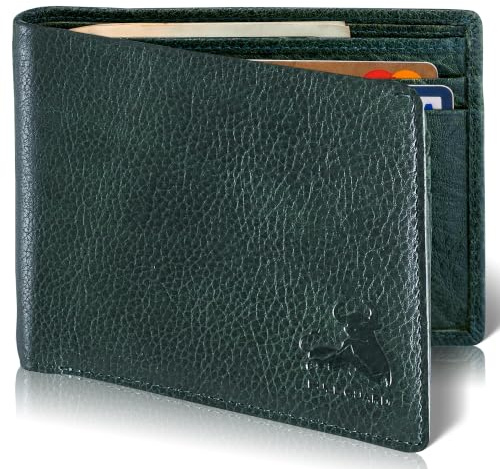RFID Bifold Leather Wallet for Men with Flip Up ID in Vintage Buffalo Brown, Buffalo Wild Green Trail, Classic