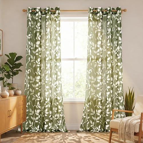 XTMYI Olive Green Curtains, 84 inches Length for Bedroom, Aesthetic, Sheer, Country Core, Room Decoration, Natural Ivy Leaf, Plant, Artificial Vine Curtain for Living Room, Moss Green