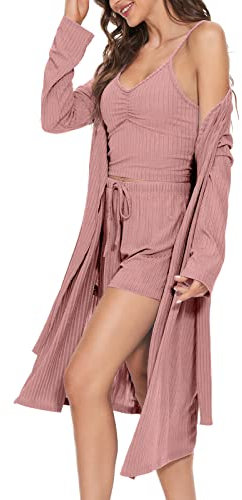 HANERDUN Damen Schlafanzug Kurz 3-teiliges Pyjama Set Offene Strickjacke mit Taschen Cami und Shorts Nachtwäsche mit Gürtel Robe Set
