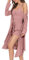 HANERDUN Damen Schlafanzug Kurz 3-teiliges Pyjama Set Offene Strickjacke mit Taschen Cami und Shorts Nachtwäsche mit Gürtel Robe Set