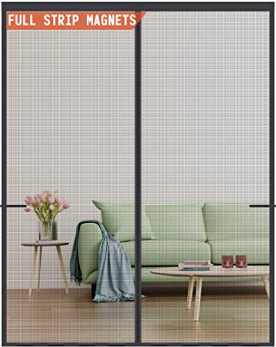 Magnetic Screen Door Upgraded-Model Full Strip Magnets 74x81 Inch,Fiberglass Heavy Duty Mesh Sliding Screen Door,Full Frame Seal Retractable French Door Screen Magnetic Closure for Patio Sliding Door