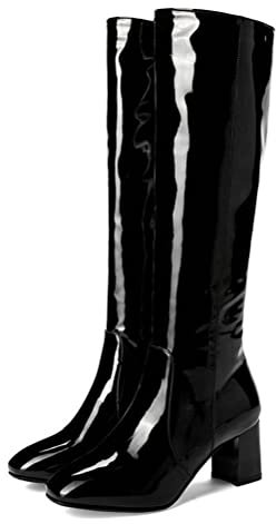 ORANDESIGNE Stivali in Vernice Donna Scarpe a Punta al Ginocchio Stivali Alti Stivali da Motociclista Moda Stivali a Punta Tonda Sexy Stivali con Tacco Grosso Autunno Inverno A Nero 39 EU