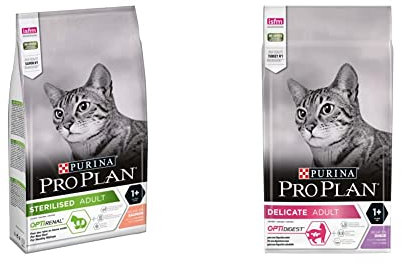 PURINA PRO PLAN STERILISED Adult 1+ Katzenfutter trocken mit OPTIRENAL, Lachs, 1er Pack (1 x 1,5kg) & PURINA PRO PLAN Delicate Katzenfutter trocken mit OPTIDIGEST, Truthahn(1 x 1,5kg)