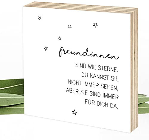 Wunderpixel® Holzbild Freundinnen sind wie Sterne - 15x15x2cm zum Hinstellen/Aufhängen, echter Fotodruck mit Spruch auf Holz - schwarz-weißes Wand-Bild Aufsteller zur Dekoration oder Geschenk