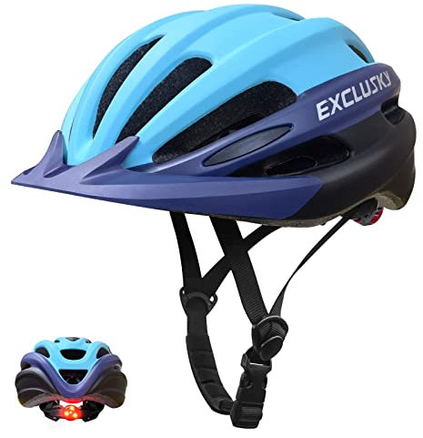 Exclusky Casco Bicicleta Adulto, Casco Patinete Electrico Adulto Casco MTB Hombre Ciclismo Casco Bicicleta Mujer de Montaña Ultraligero con Visera y luz LED (56-61CM) (Blue)