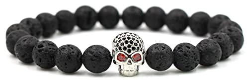 Whoiy Lavaperlen Armband Damen, Beads Armband Herren Legierung Schwarzes Silber Schädel Geburtstagsgeschenk Perlenarmband für Ihn 19cmx8mm