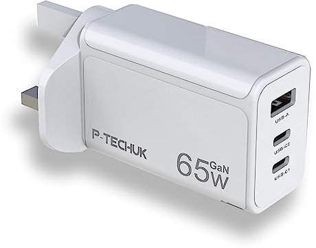 P-TECHUK 65W 3-Port GaN Type C PD Fast Power Charger Adapter, Wall Charger for iPad Air/Mini, MacBook, iPhone 13/14, Samsung S22 S23, Tablets, Dell XPS Laptop. UK Plug (White)