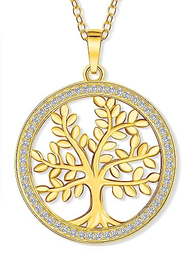 VIASOUL® Halskette Lebensbaum II Baum des Lebens Kette für Damen I Tree of Life aus 925er Silber I Mit 585er Gold überzogen I Der Lebensbaum mit Echtsilber-Zertifikat (Gold)