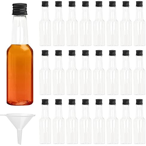 24 Stk Mini Fläschchen, 100ml Fläschchen Plastik, Leere Kleine Schnapsflaschen mit Trichter, Miniaturflaschen mit Deckel, Alkoholflaschen Saucenflaschen für Hochzeiten Partys (Schwarz Deckel)