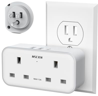 UK to US Plug Adaptor, Mscien Grounded USA Travel Adapter with 3 USB (1 USB C), Double Plug Adaptor with Dual 2 Pin Socket from UK to American, Canada, Thailand, Mexico, Jamaica, Philippines (Type B)