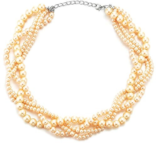 COOLSTEELANDBEYOND Multi-Schichten Geflochtene Champagner Gold Perle Statement Halsketten Kette Halsband Choker