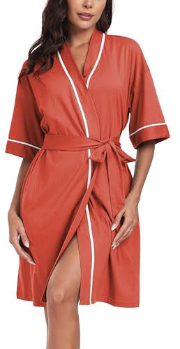 COLORFULLEAF Bademantel Damen Leicht 100% Baumwolle Kurz Sommer Morgenmantel Kimono Sauna 3/4 Ärmeln Roben Nachtwäsche mit 2 Taschen(Ziegelrot,XL)