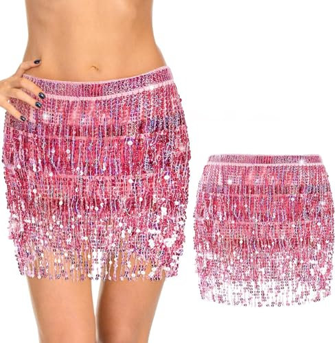 DAMILY Pailletten Bauchtanz Rock Karneval Hip Wrap mit Meerjungfrau Gesicht Edelsteine Combo Halloween Kostüm (Pailletten, Rosa)