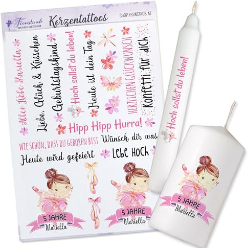 FEENSTAUB Kerzentattoos Geburtstag, personalisierbare Schiebefolie für Kerzen, Kindergeburtstag Ballerina, Kerzendeko, Folie für Kerzen, Geburtstagskerzen, Geburtstagslicht mit Ballerina