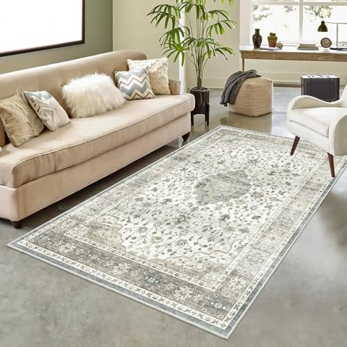 HOMFINE Vintage Teppich Wohnzimmer Waschbar - Kurzflor Waschbarer Teppich Super Weich rutschfest Blumen Design Groß Wohnzimmerteppich für Schlafzimmer Esszimmer Beige Grün 80 x 150 cm