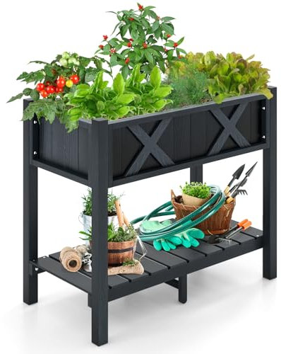 TANGZON HIPS Raised Garden Bed, Outdoor Elevated Planter Box with Legs, Drainage Holes, Bottom Storage Shelf, Weather Resistant Growing Planter for Vegetable Flower Herbs Fruit