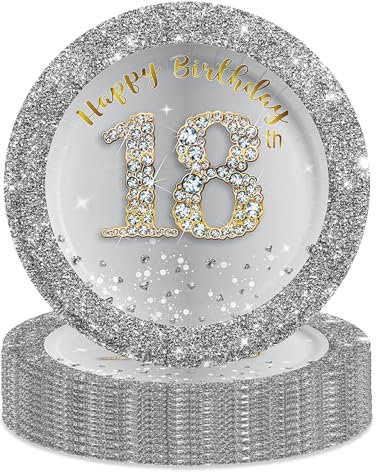 MORAINJAY 16 Pièces Assiette pour Fête Anniversaire 18 ans,7 Pouces/23cm Argent Or Papier Assiette Dessert Plateau Vaisselle pour Décoration Anniversaire 18 ans Homme Femme