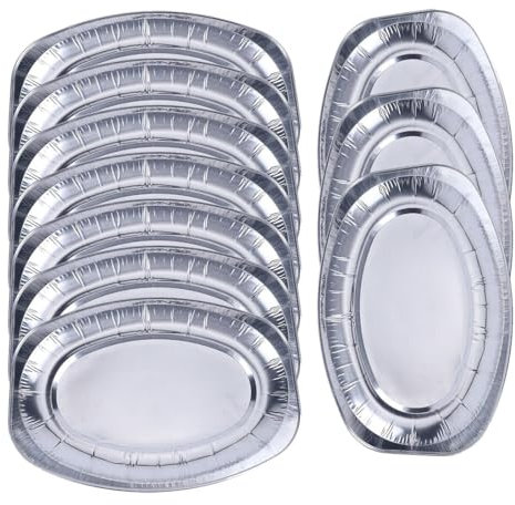 LAWALEISHE 10 Pack Aluminium Foil Party Platters,Silver Embossed Foil Food Platter,Reusable Serving Platter Set,Large Serving Platter for Parties,35.2x24.7cm,Oven and Freezer Safe