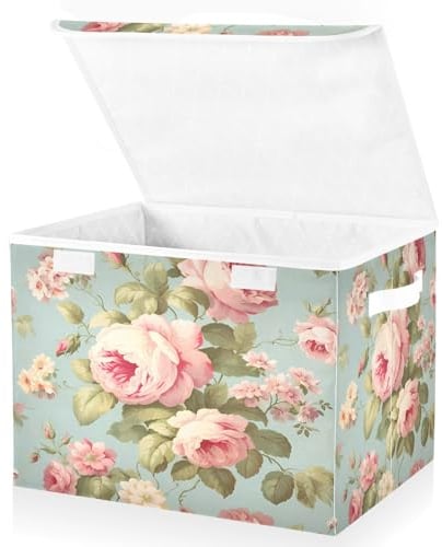 Mnsruu Flower Baskets Collapsible Storage Bins with Lids, Vintage Pink Rose Flower Storage Boxes Clothes Baskets for Organizing
