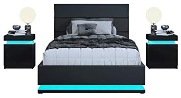 Bed Frame with Storage, 3FT Single Faux Leather Bed, Ottoman Gas Lift Storage Bed Frame, LED Single Size Bed for Bedroom Home, Black