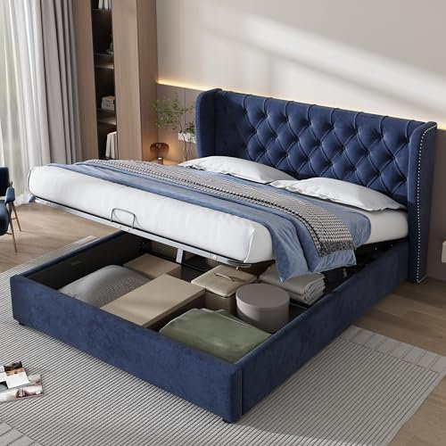 Merax Upholstered Bed Frame with Hydraulic Lift, 4FT6 Double Bed Frame with Storage, Functional Ottoman Bed, Sturdy Construction, Without Mattress, Elegant Velvet Finish, Blue, 135x190cm