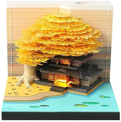 RUDFUZ 2025 Baum Schreibtischkalender mit LED-Lichtern 3D Memo Pad DIY Notizen Notizblock 3D Kunst Kalender Papier Schnitzen Geschenk Haus Skulptur Geschenk für Schule Home Office