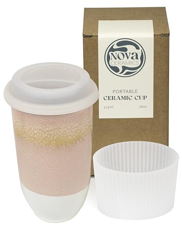 NOVA CERAMICS Travel Mug On the Go Coffee Mug Microwave & Dishwasher Safe Green Tumbler - Gifts for Women Men 475ml Afterglow