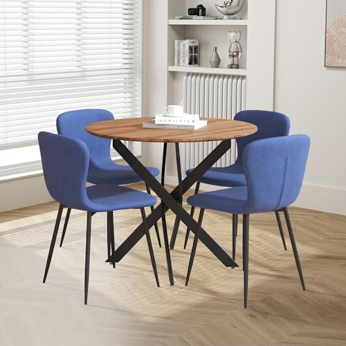 GOLDFAN Rund Esstisch mit 4 Stühlen Holz Küchentisch Retro mit Schwarz Metallbeinen, Esszimmerstuhl aus Stoff, für Esszimmer Wohnzimmer, 80cm, Blau