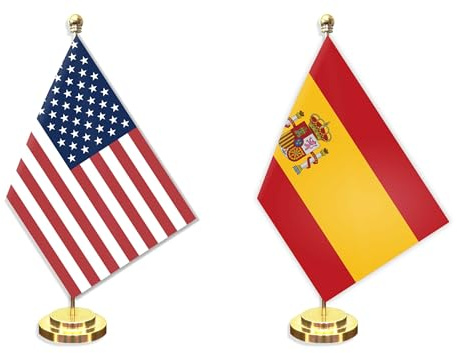Juego de 2 banderas pequeñas de escritorio de España Americana, mini pancartas de mesa de escritorio españolas de 5 x 8 pulgadas, decoración de poste sólido de metal de 12 pulgadas, pequeña pancarta