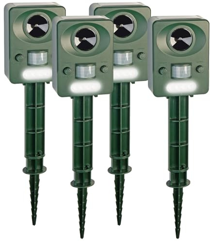 Exbuster Rabenschreck: 4er-Set Ultraschall-Solar-USB-Tierschreck mit Blitzlicht & PIR-Sensor (Rattenabwehr, Elektrischer Katzenschreck, Hund)