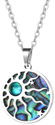 JewelryWe Senfkorn Christliche Schmuckset Damen Edelstahl Senfkorn Halskette Armband Ohrringe Set Abalone Muschel Berg Muster Anhänger Kette Armkette baumelnde Ohrringe Religiöser Schmuck