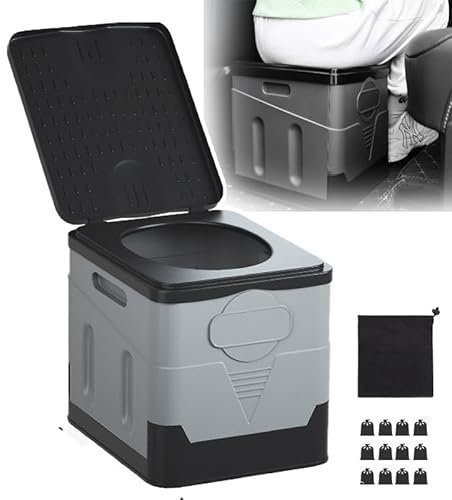 PLABNK Portable Camping Toilets Chair, Folding Toilet Camping Seat, Top Cover Design/Easy to Lift, Easy to Clean+ Reusable, with Garbage Bags, for Camping, Car, Hiking, Tent, Boat,Grey