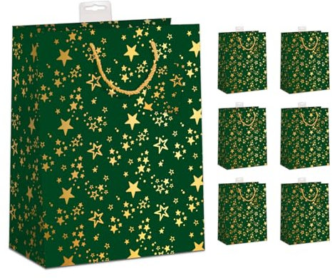 PremiumLine Geschenktüten Weihnachten LARGE, 6 Stück | DIN A4, mit Trage-Griff & Namenskarte | Geschenktaschen Weihnachten Groß, Weihnachtstüte | Sterne grün, 26x32x12cm