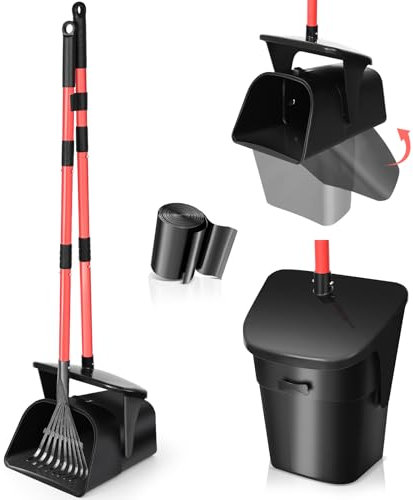 Ramasse-Crottes, Kit Poubelle Pivotante et RâTeau pour Chien avec Long Manche MéTal Ajustable, Pelle Crotte avec Sacs à DéChets pour la Cour, Les Promenades, l'herbe et Les Feuilles de Jardin