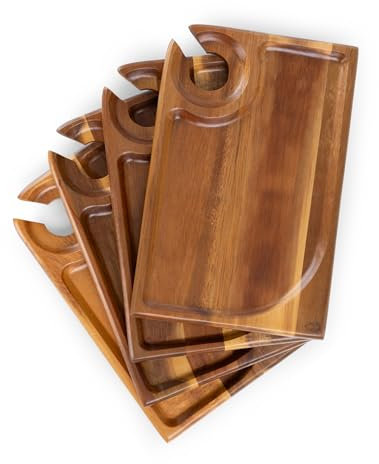 PICNIC TIME Rectangle Wine Appetizer Plates Set of 4, Cocktail Plate with Glass Holder, Cheese Board with Wine Holder, (Acacia Wood)