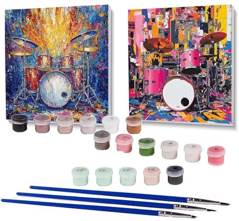 2 Pack Malen Nach Zahlen Erwachsene Schlagzeug, Malen Nach Zahlen Kinder Musikinstrumente, Handgemaltes Ölgemälde Set für Anfänger, Bastelset Erwachsene Paint by Numbers, Geschenke 40 x 40cm SPYH-1423