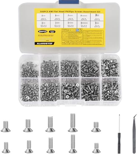 500 Pezzi M2 M2.5 M3 Viti a Macchina a Testa Svasata, Kit Assortimento di Viti Phillips a Testa Piatta a Svasata a Croce per Computer/Laptop/PC di Riparazione, argento